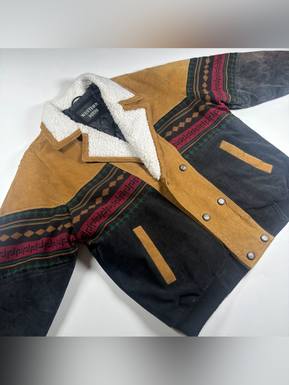 Vintage Western Riders Aztec Suede leather Bomber Jacket Sherpa Collar Mens L